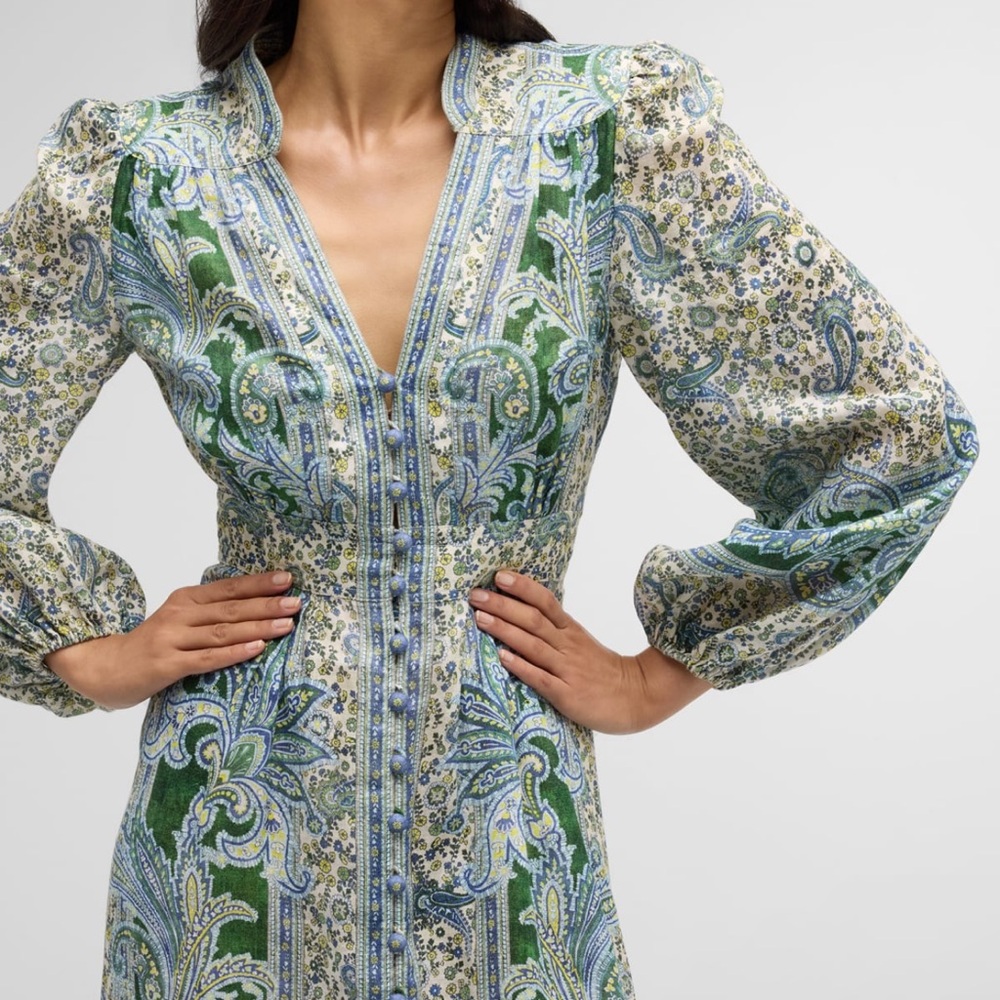 ZIMMERMANN Green Paisley Ottie Plunge Midi Dress